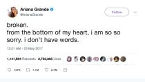 <p>Lange hielt die US-amerikanische Sängerin Ariana Grande mit diesem traurigen Tweet den Rekord. „Am Boden zerstört. Aus tiefstem Herzen, es tut mir so leid. Mir fehlen die Worte”, schrieb Grande im Mai 2017 nach dem Terroranschlag in Manchester, bei dem sich am Rande ihres Konzerts ein Mann in die Luft sprengte und dabei 22 Menschen in den Tod riss. (Bild: Twitter/@ArianaGrande) </p>