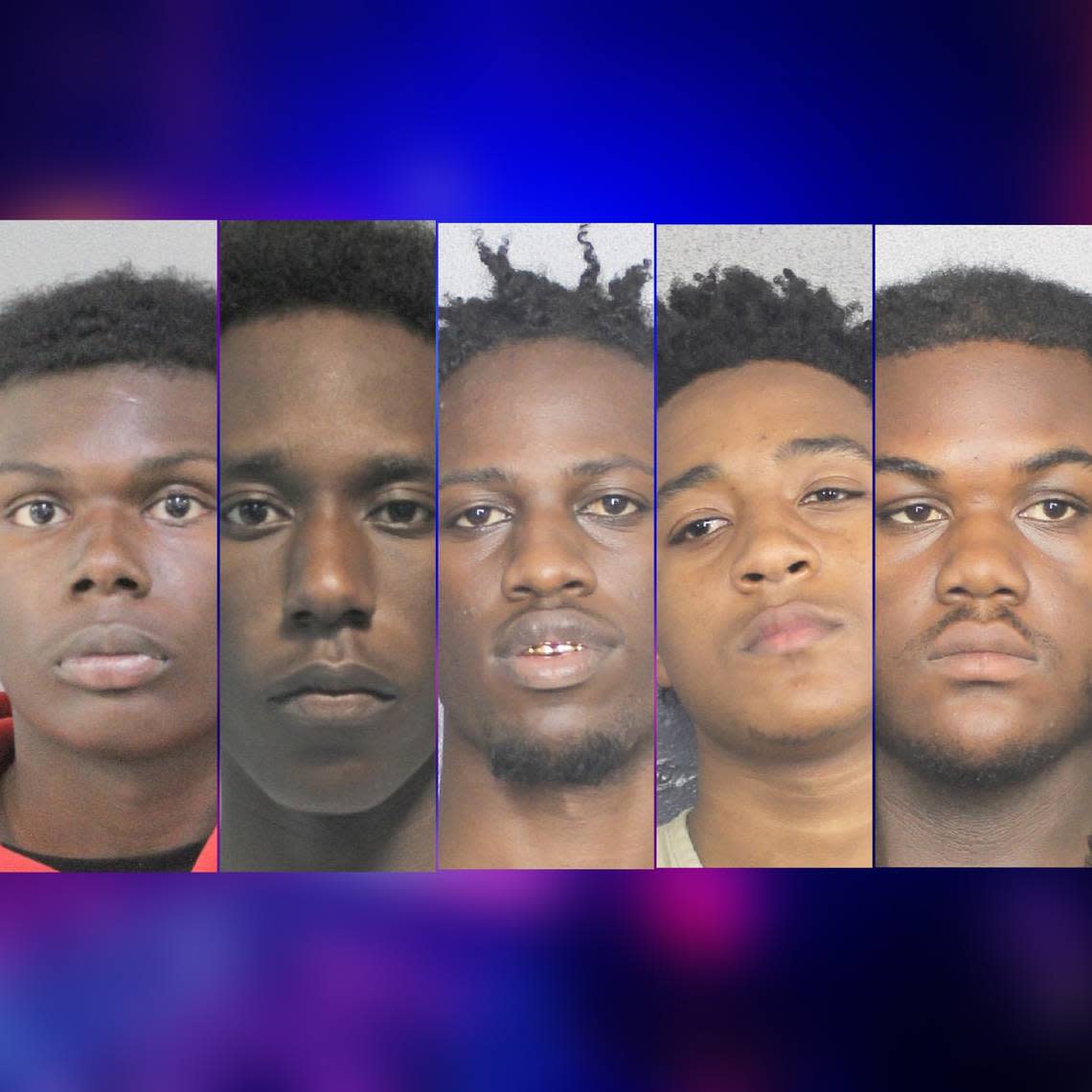 Five suspects have been arrested in connection to a mass shooting that left nine people injured in Hollywood Beach (Hollywood, FL) on May 29, 2023. From left to right: Ariel Cardahn Paul, 16, Jordan Burton, 15, and 18-year-olds Lionel Jean-Charles Jr., Morgan Deslouches and Keshawn Paul Stewart.