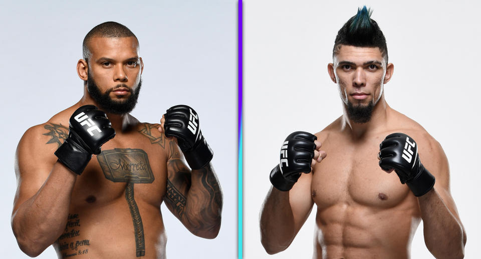Thiago Santos is a -175 favorite at BetMGM for his main event matchup with Johnny Walker (+145) on Saturday in Las Vegas. (Photos via Getty Images)