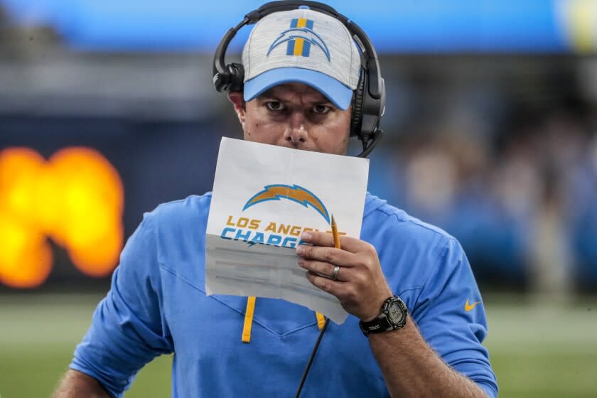 Inglewood, CA, Sunday, August 22, 2021 - Los Angeles Chargers head coach Brandon Staley paces the sidelines during a preseason game against the San Francisco 49ers at SoFi Stadium. (Robert Gauthier/Los Angeles Times)