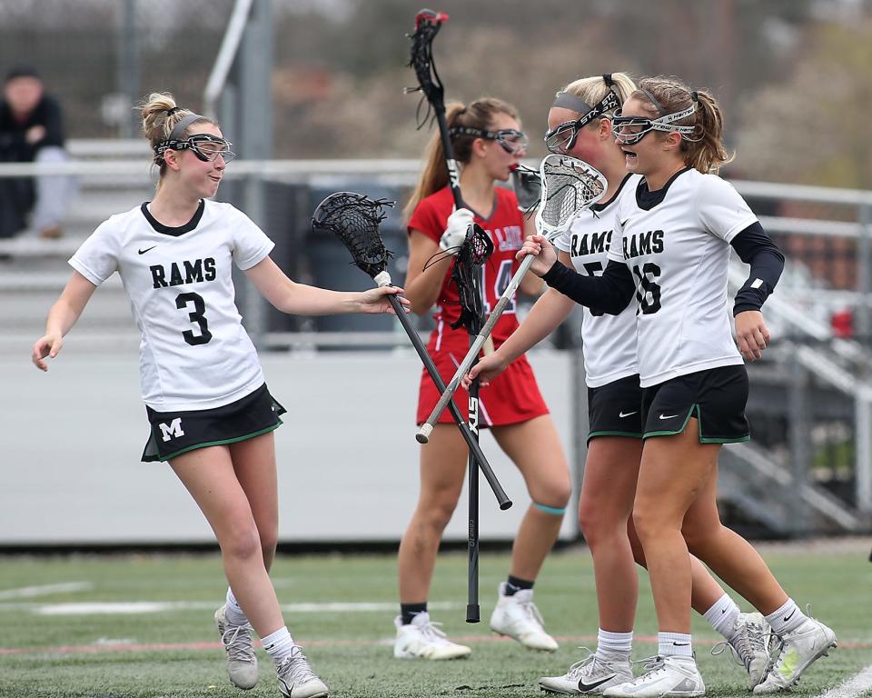 Marshfield's Maija Kastrud celebrates her goal with Erin Boyde during first-half action of their game against Silver Lake at Marshfield High School on Thursday, April 14, 2022.