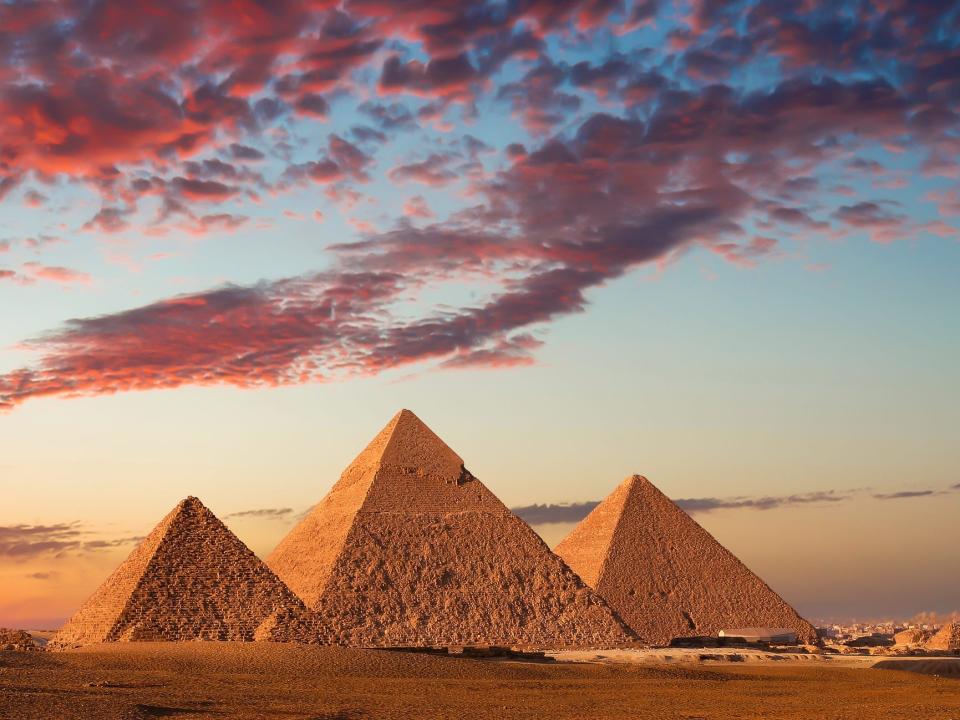 Sunset at the Pyramids, Giza, Cairo, Egypt.
