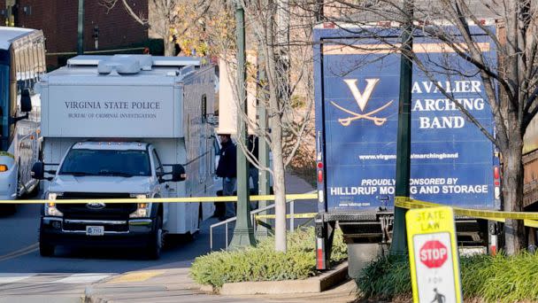 PHOTO: A Virginia State Police crime scene investigation truck is on the scene of an overnight shooting at the University of Virginia, Nov. 14, 2022, in Charlottesville. (Steve Helber/AP)