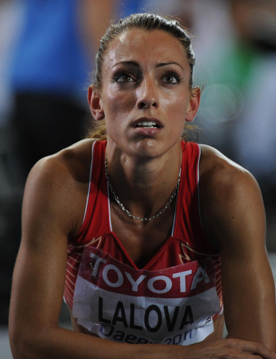 Bulgaria's Ivet Lalova reacts after the women's 200 metres semi-final at the International Association of Athletics Federations (IAAF) World Championships in Daegu on September 1, 2011.      AFP PHOTO / OLIVIER MORIN (Photo credit should read OLIVIER MORIN/AFP/Getty Images)