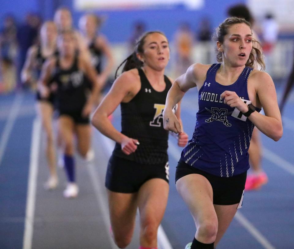 Middletown's Isabelle Walsh wins the 800 meter run during the DIAA indoor track and field championships at the Prince George's Sports and Learning Complex in Landover, Md., Saturday, Feb. 3, 2023.