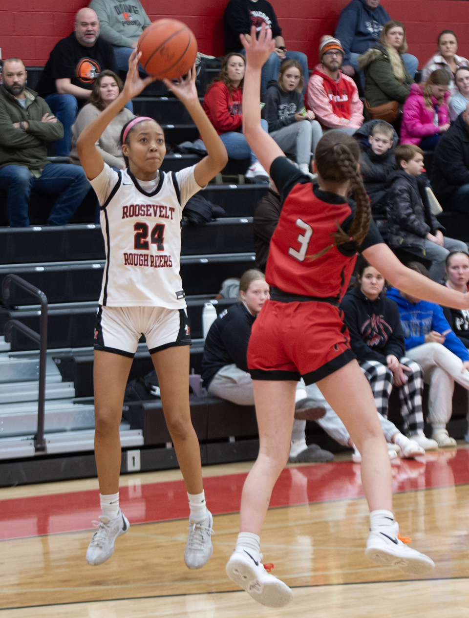 Roosevelt senior Arie Wilson takes a shot earlier this year against Field.