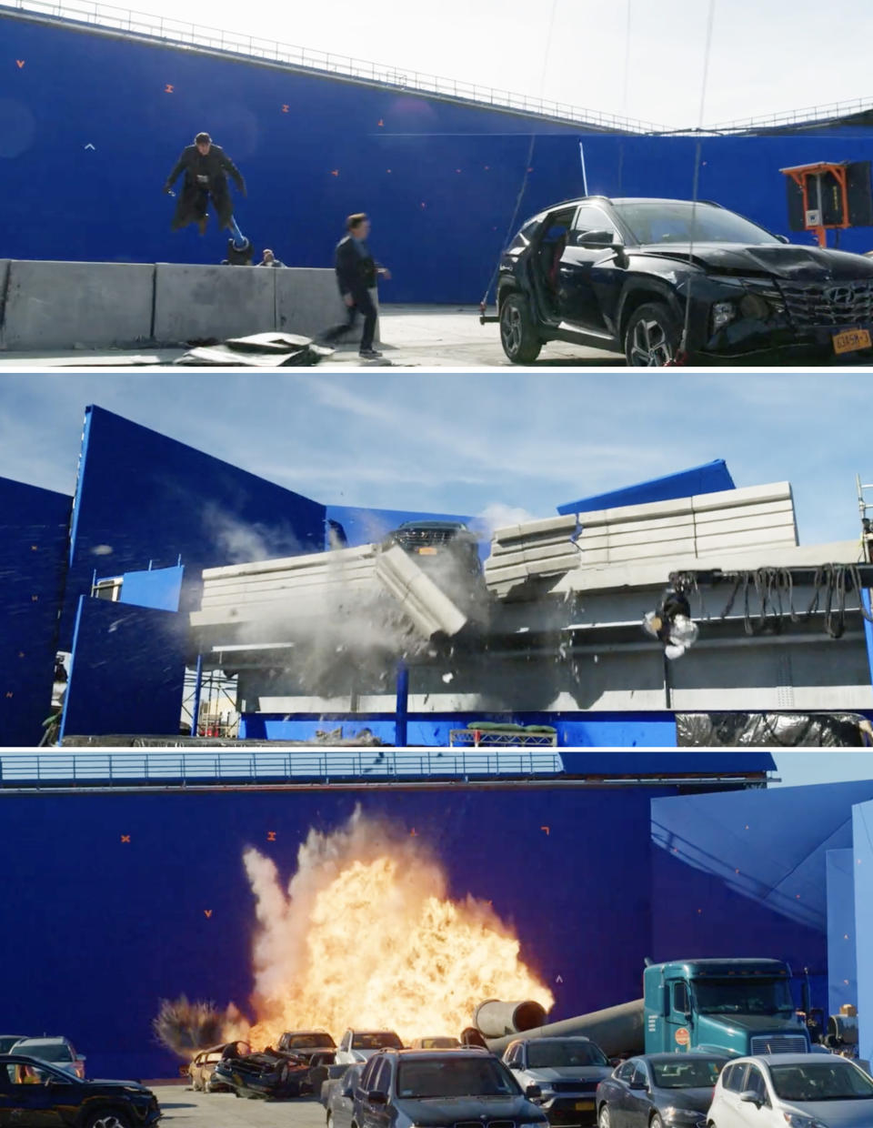 A set with bluescreens and explosions showing a behind the scenes look at the highway moment