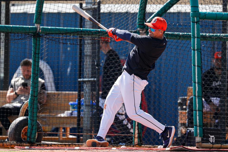 Detroit Tigers shortstop Javier Baez, a right-handed hitter, bats left-handed during spring training at TigerTown in Lakeland, Fla. on Wednesday, Feb. 21, 2024.