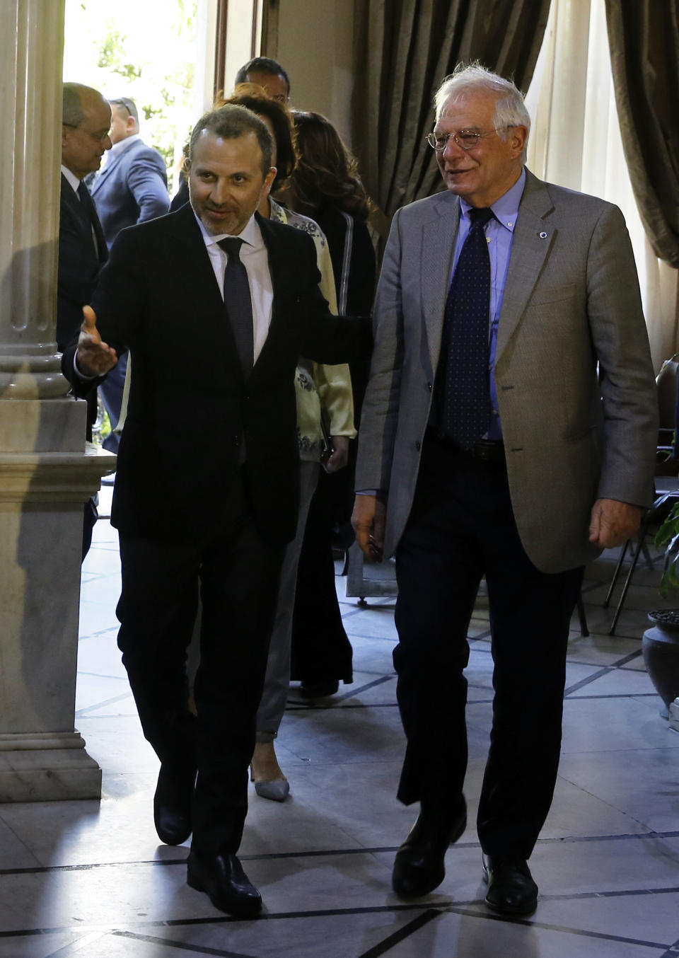 Lebanese foreign minister Gebran Bassil, left, receives his Spanish counterpart Josep Borrell, at the Lebanese foreign ministry in Beirut, Lebanon, Friday, May 3, 2019. Spain's acting foreign minister says a Venezuelan anti-government activist is a guest at the Spanish embassy in Caracas which can't be turned into a center of political activities. (AP Photo/Bilal Hussein)