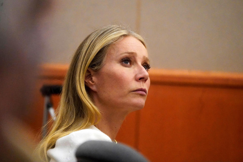 Gwyneth Paltrow sits in court, on March 22, 2023, in Park City, Utah where she is accused of injuring another skier, leaving him with a concussion and four broken ribs. ( Rick Bowmer / POOL/AFP via Getty Images)