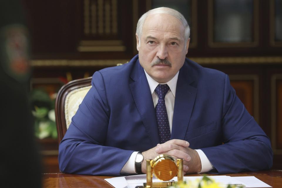 Belarusian President Alexander Lukashenko speaks to high level military officials in Minsk, Belarus, Thursday, Aug. 5, 2021. (Nikolay Petrov/Pool Photo via AP)