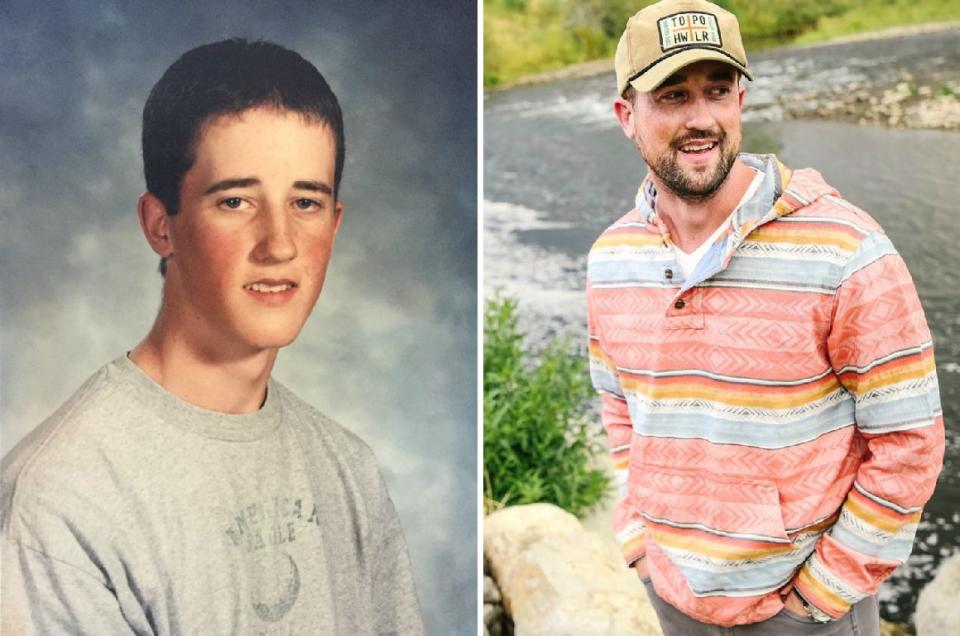 Left: Austin Eubanks' yearbook photo while at Columbine High School. <br />Right: Eubanks today. He runs an addiction treatment center in Colorado. (Photo: Austin Eubanks)