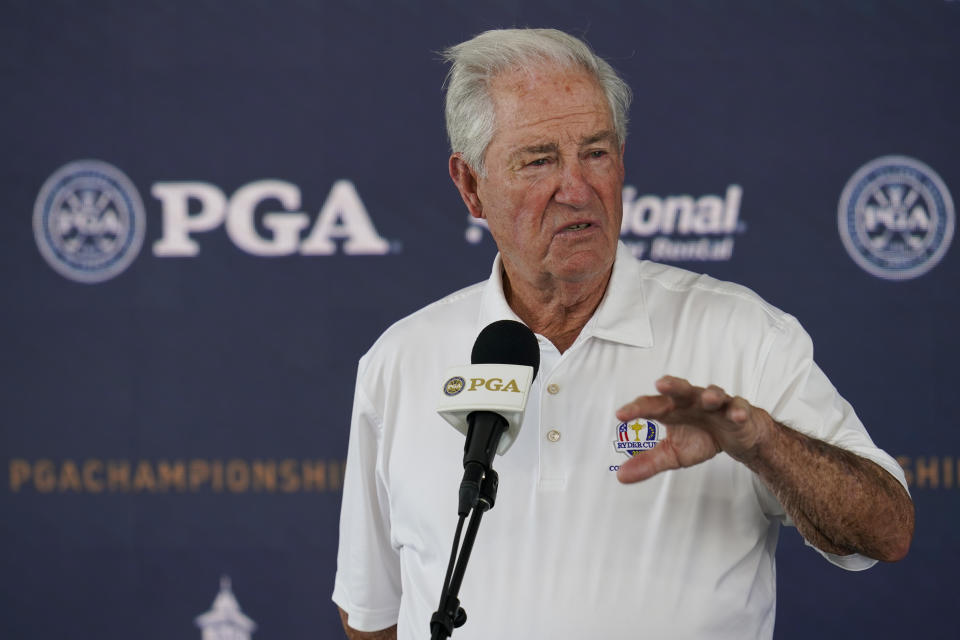 Dave Stockton speaks during a news conference at the PGA Championship golf tournament, Wednesday, May 18, 2022, in Tulsa, Okla. (AP Photo/Sue Ogrocki)