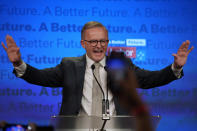 Labor Party leader Anthony Albanese speaks to supporters at a Labor Party event in Sydney, Australia, Sunday, May 22, 2022, after Prime Minister Scott Morrison conceding defeat to Albanese in a federal election. (AP Photo/Rick Rycroft)