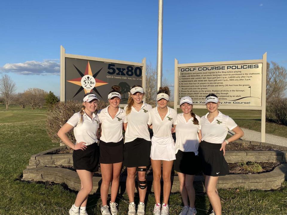 The Woodward-Granger girls golf team poses for a photo after placing first during a quad meet on Monday, April 10, 2023, at the 5x80 Golf and Country Club.