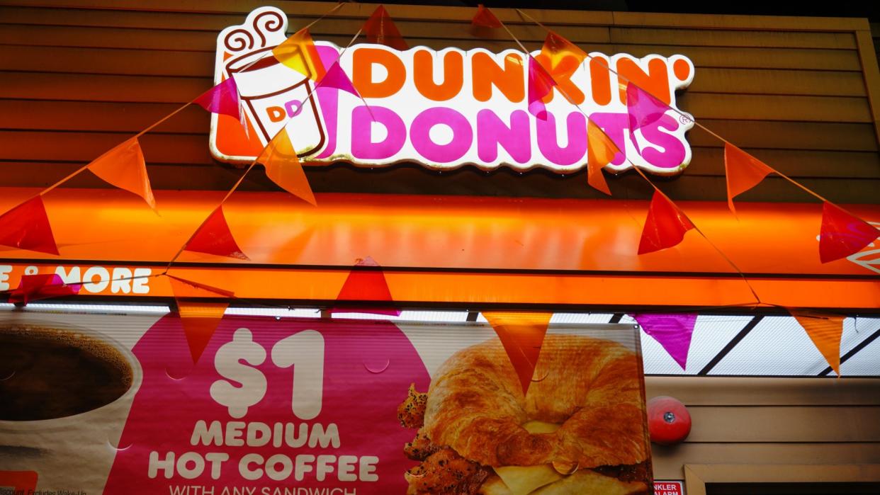 Mandatory Credit: Photo by John Nacion/SOPA Images/Shutterstock (10991528c)Dunkin' Donuts logo seen at their Woodside, Queens store.