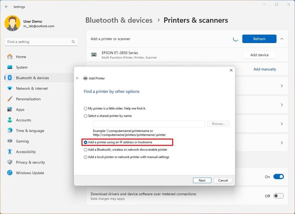 Add a printer using TCP/IP address or hostname