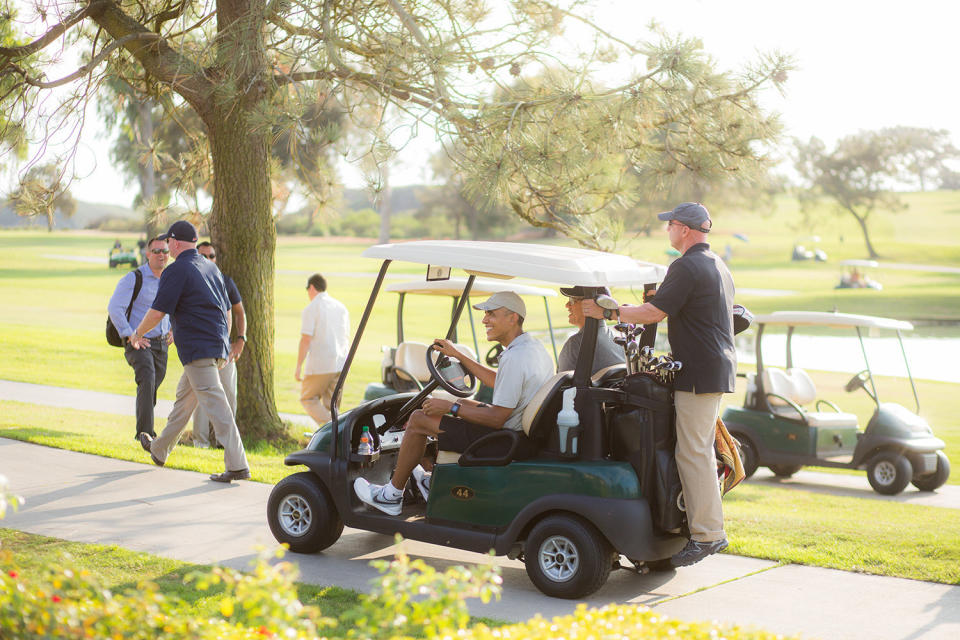 President Barack Obama continues golfing at Torrey Pines in San Diego after crashing the wedding of Brian and Stephanie Tobe.