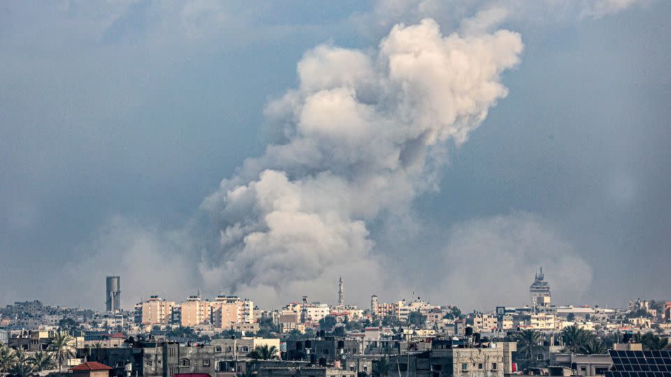 Smoke billowing over Khan Yunis in the southern Gaza Strip during Israeli bombardments on Friday. - AFP/Getty Images