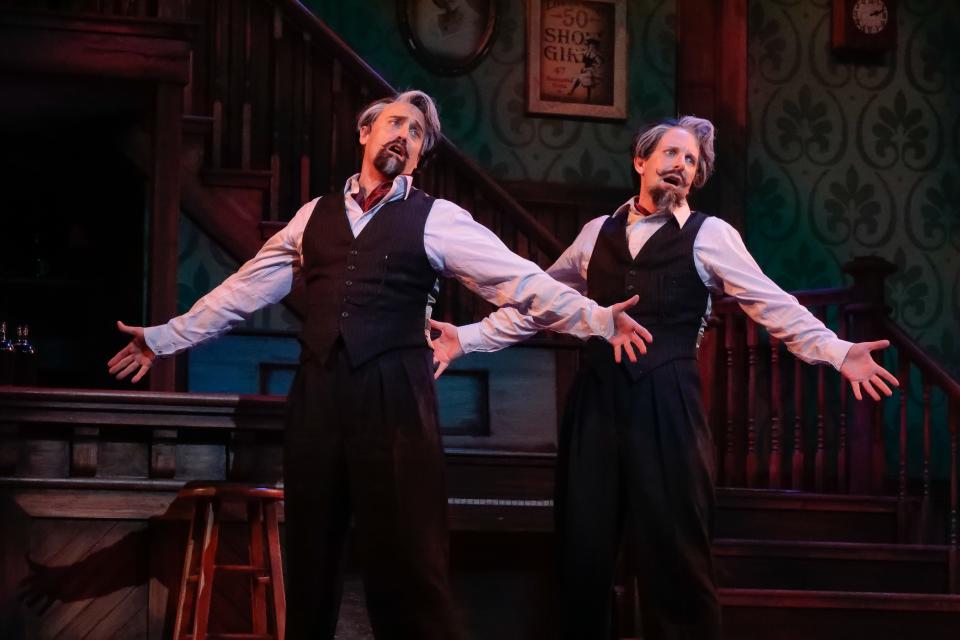 Danny Gardner, left, as Broadway impresario Bela Zangler, and Daniel Plimpton as a would-be dancer impersonating him, in a scene from the Asolo Rep production of “Crazy for You.”