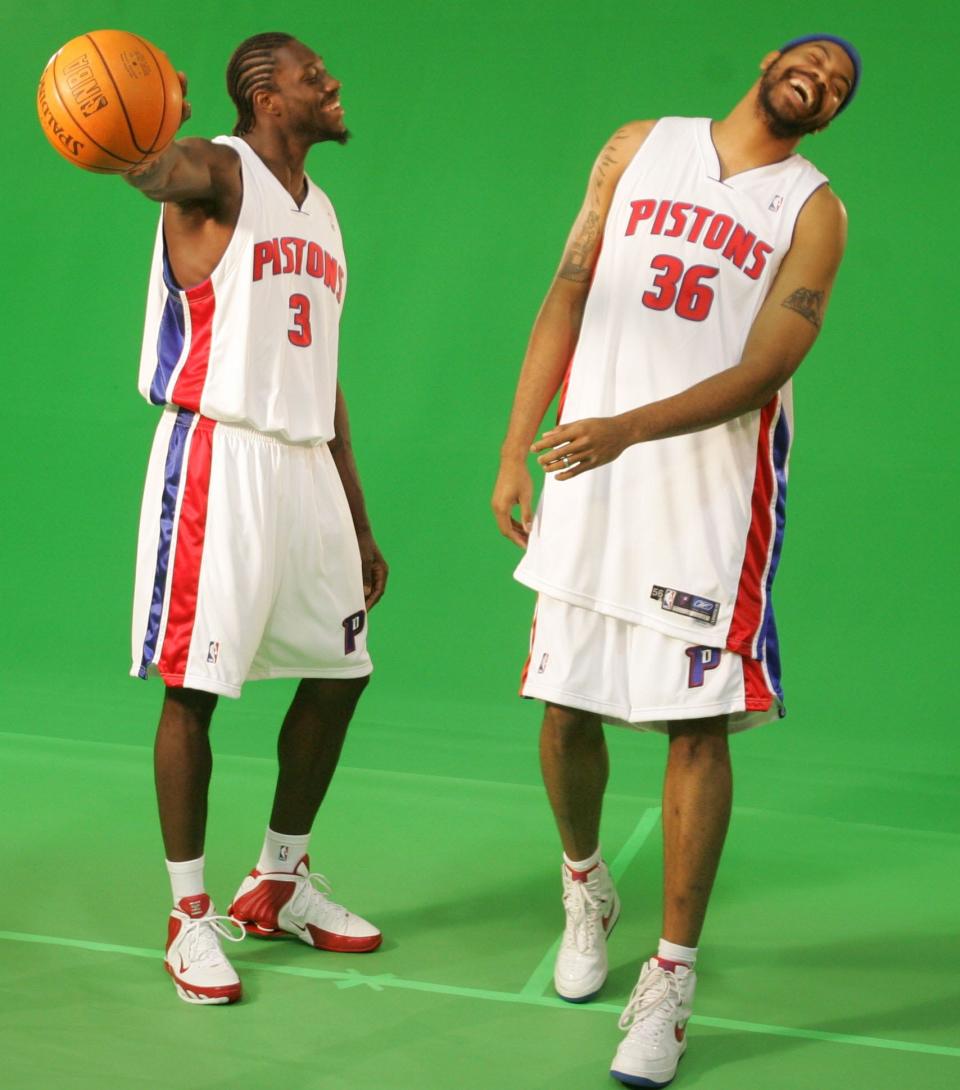 Detroit Pistons' Ben Wallace, left, and Rasheed Wallace joke around during media day on Oct. 2, 2005, at the practice facility in Auburn Hills, Mich.