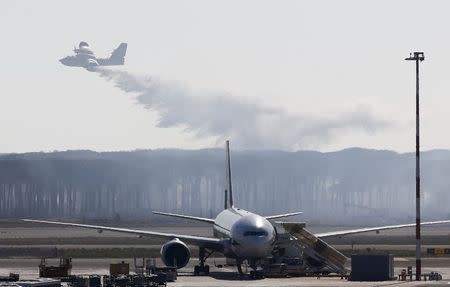 A Canadair firefighting aircraft from Italy drops water over a forest near Fiumicino International airport in Rome, Italy, July 29, 2015. REUTERS/Tony Gentile