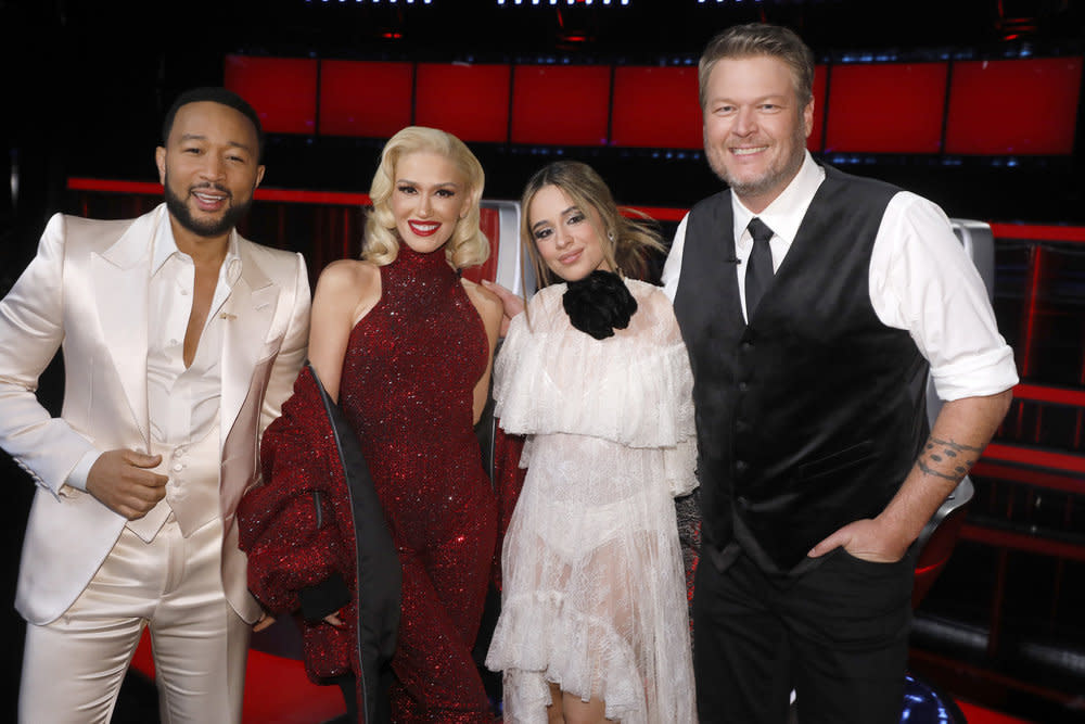 John Legend, Gwen Stefani, Camila Cabello and Blake Shelton  pose for a photo during the Season 22 finale on Dec. 13. (NBC / Trae Patton/NBC)