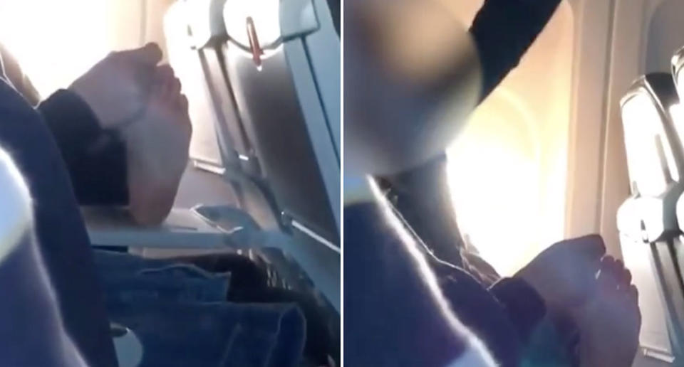 A man has been filmed caressing his girlfriend's feet on a plane tray table. Source: Instagram/ S**t Adelaide and Bonnie-Lee