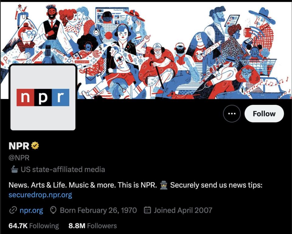 A screenshot of NPR's profile on Twitter shows a label reading "US state-affiliated media."