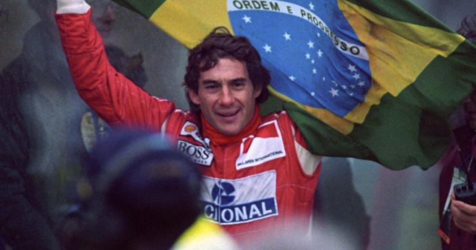 Ayrton Senna memenangkan Grand Prix Brasil.  Interlagos 1991. Kredit: Alamy