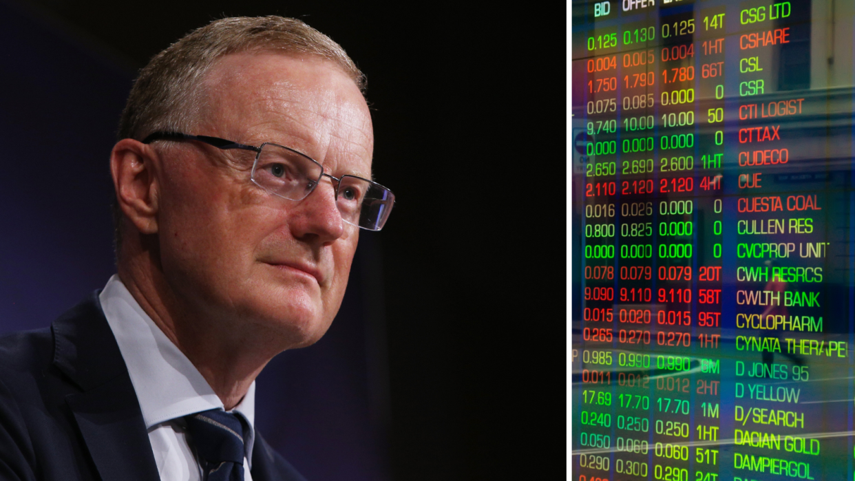 The Reserve Bank governor Philip Lowe and the ASX board showing company price changes.