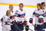 FILE - Team USA Taylor Heise (27) with teammates after the IIHF World Championship Women's ice hockey match against Japan in Herning, Denmark, Thursday, Aug. 25, 2022. The newly launched Professional Women's Hockey League is taking shape. Each of the six franchise's head coaches are expected to be announced on Friday, Sept. 15. And Minnesota is looking ahead to the league's inaugural draft on Monday, when the yet-to-be-named franchise is expected to select Taylor Heise with the No. 1 pick. (Bo Amstrup/Ritzau Scanpix via AP, File)