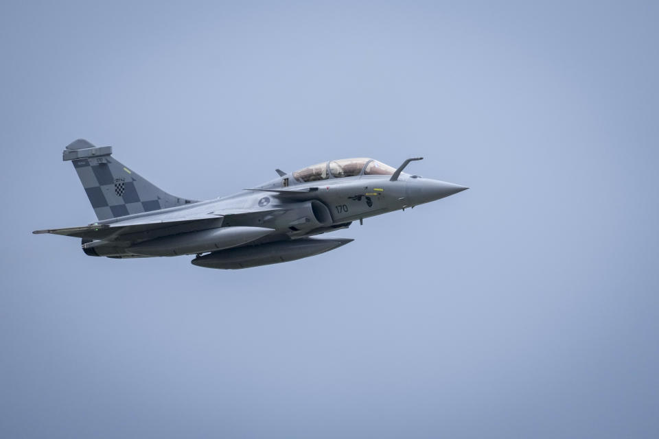 A French made Rafale fighter jet lands at the international airport in Zagreb, Croatia, Thursday, April 25, 2024. Croatia purchased 12 used fighter jets of the same type for about 1 billion euros. (AP Photo/Darko Bandic)