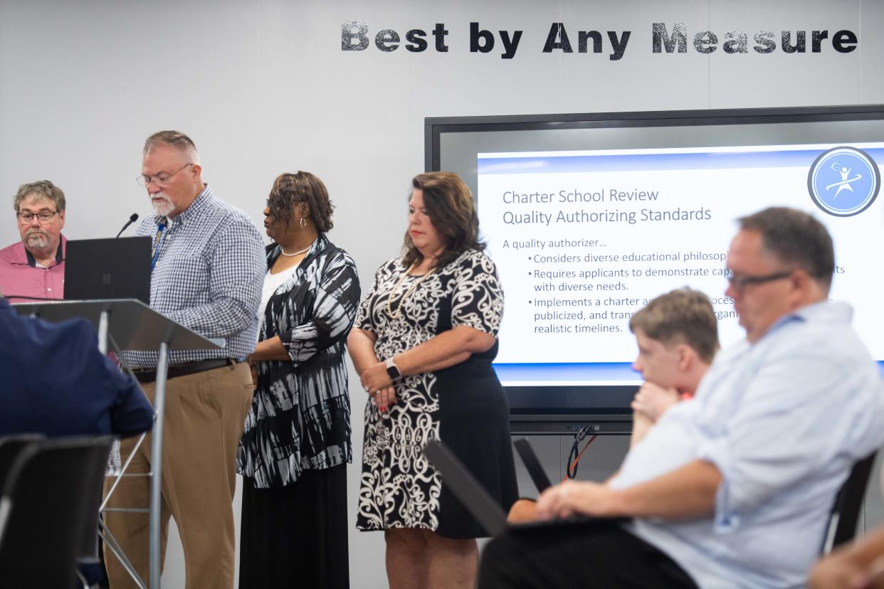 The Charter School Review teams presents their finding during a Jackson-Madison County School Board meeting in Jackson, Tennessee, on Tuesday, July 25, 2023.