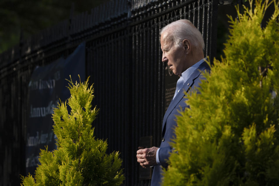 FILE - President Joe Biden leaves Holy Trinity Catholic Church in the Georgetown section of Washington, after attending Mass, Saturday, June 10, 2023. Biden is undergoing a root canal after experiencing some dental pain – a procedure that will take him out of commission for at least one public event on Monday, June 12. (AP Photo/Manuel Balce Ceneta, File)