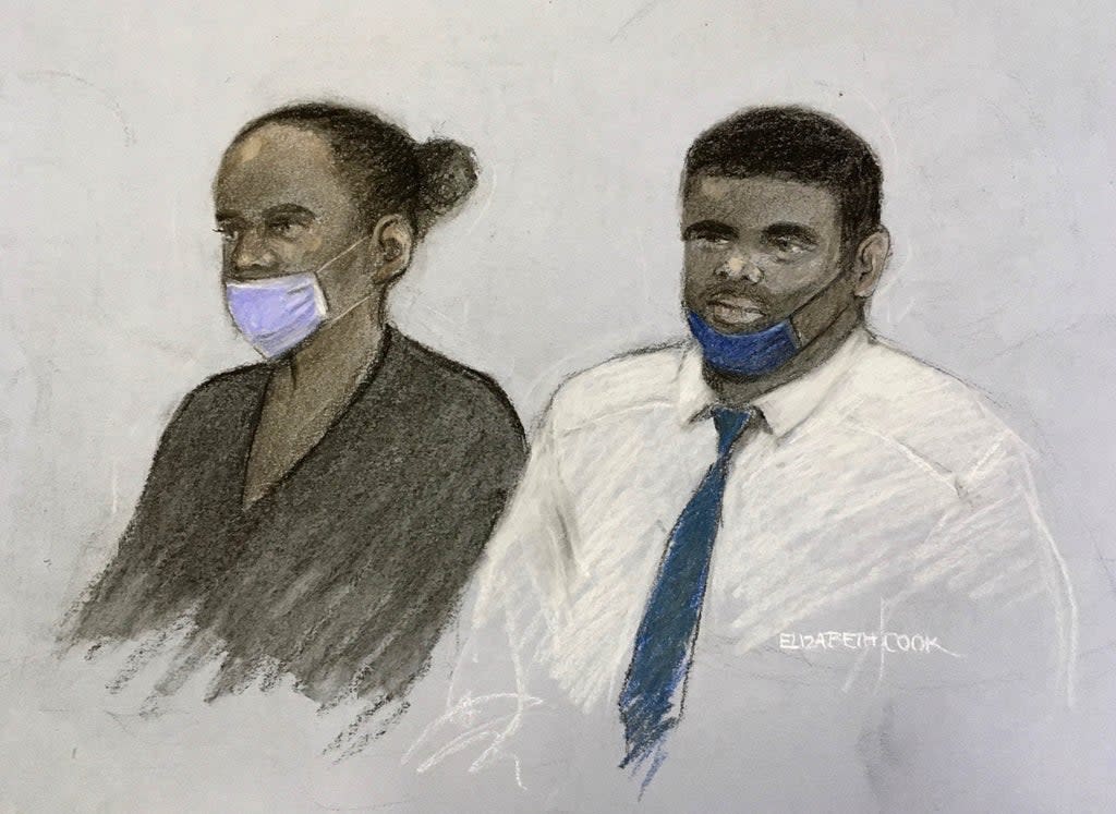 Court artist sketch by Elizabeth Cook of Phylesia Shirley and her partner, Kemar Brown, appearing at the Old Bailey in London (Elizabeth Cook/PA) (PA Wire)