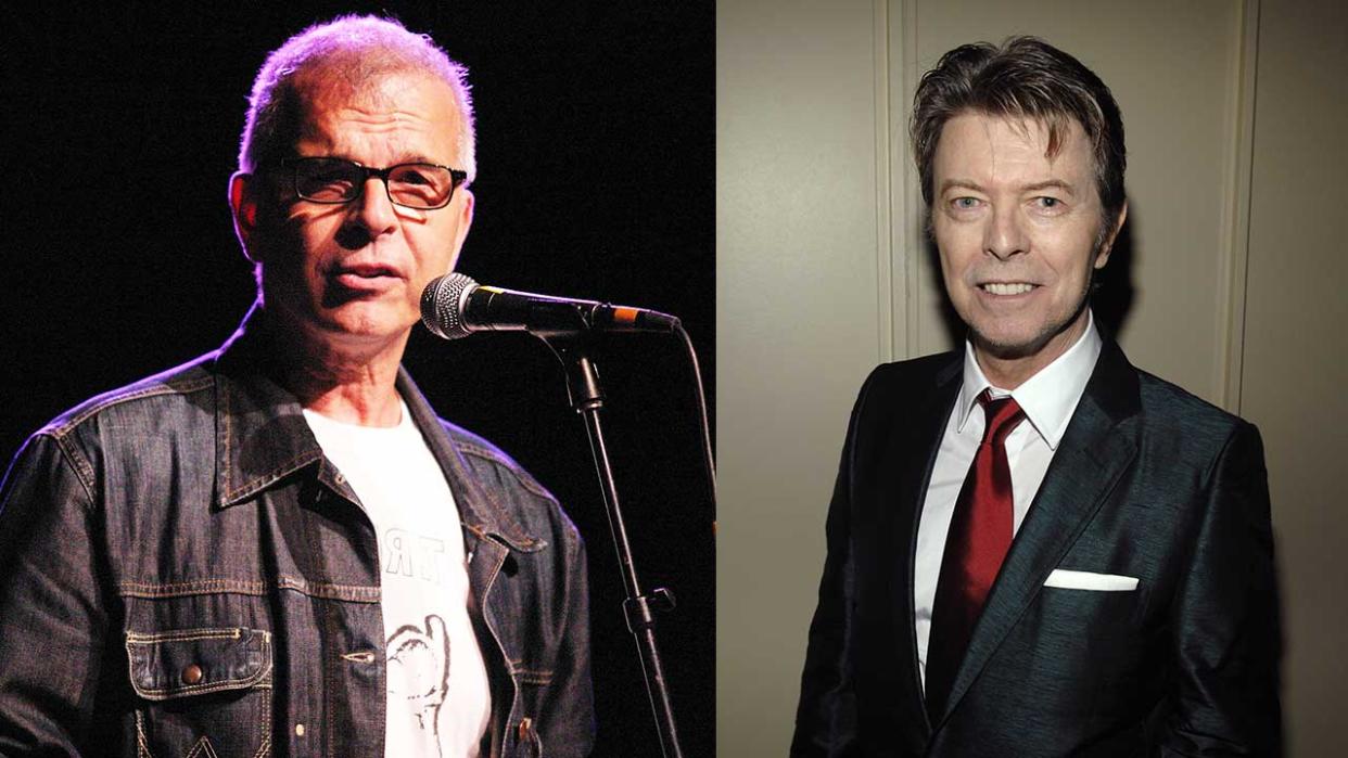  A photograph of Tony Visconti next to a shot of David Bowie 