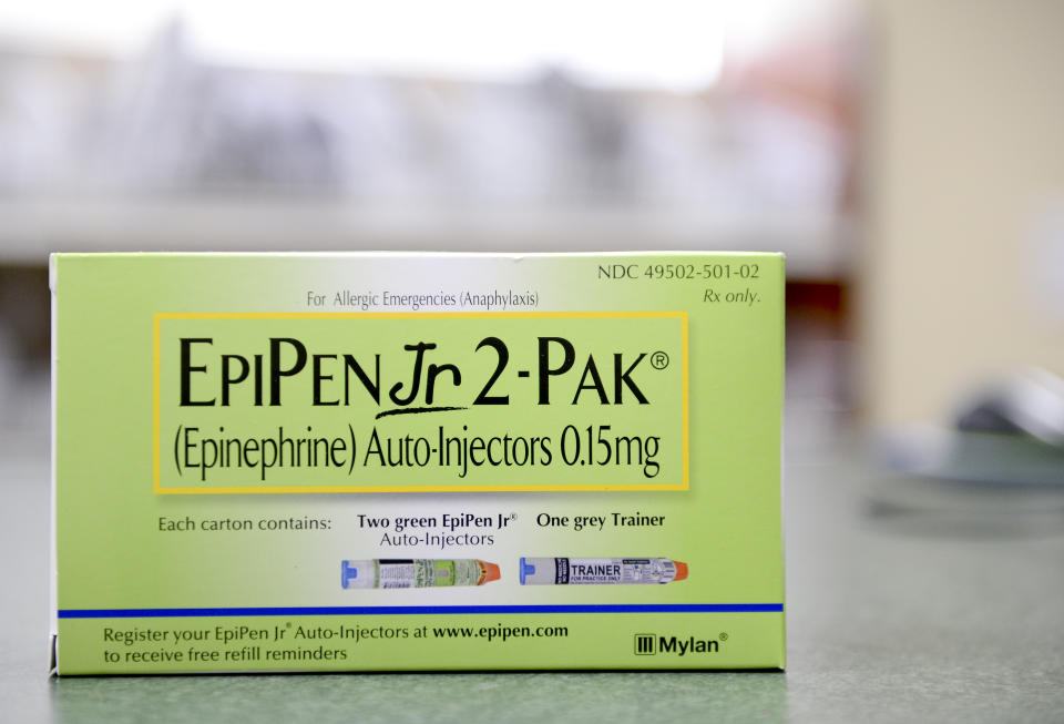 A package of EpiPen Jr. epinephrine injectors.