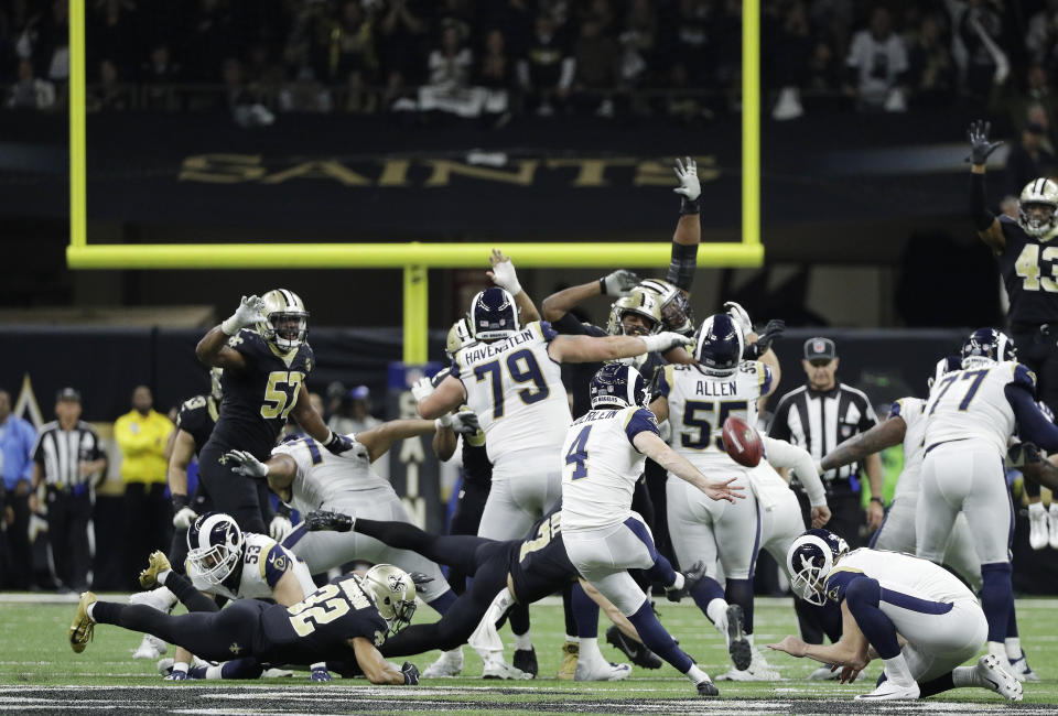 Los Angeles Rams kicker Greg Zuerlein kicks the game-winning field goal in overtime of the NFL football NFC championship game against the New Orleans Saints, Sunday, Jan. 20, 2019, in New Orleans. (AP Photo/David J. Phillip)