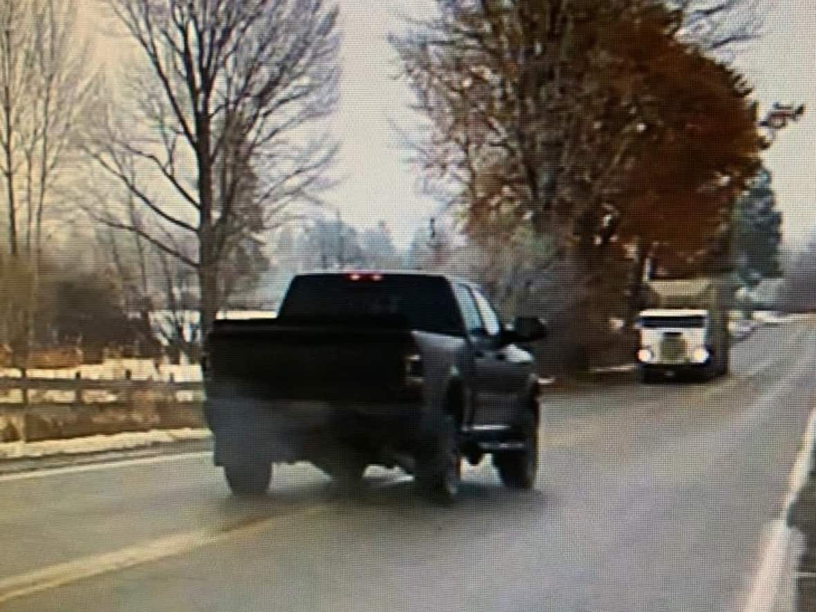 Police says the black Dodge Ram was stolen from Coquitlam and had a licence plate stolen from nearby Langley. (Submitted by Merritt RCMP - image credit)