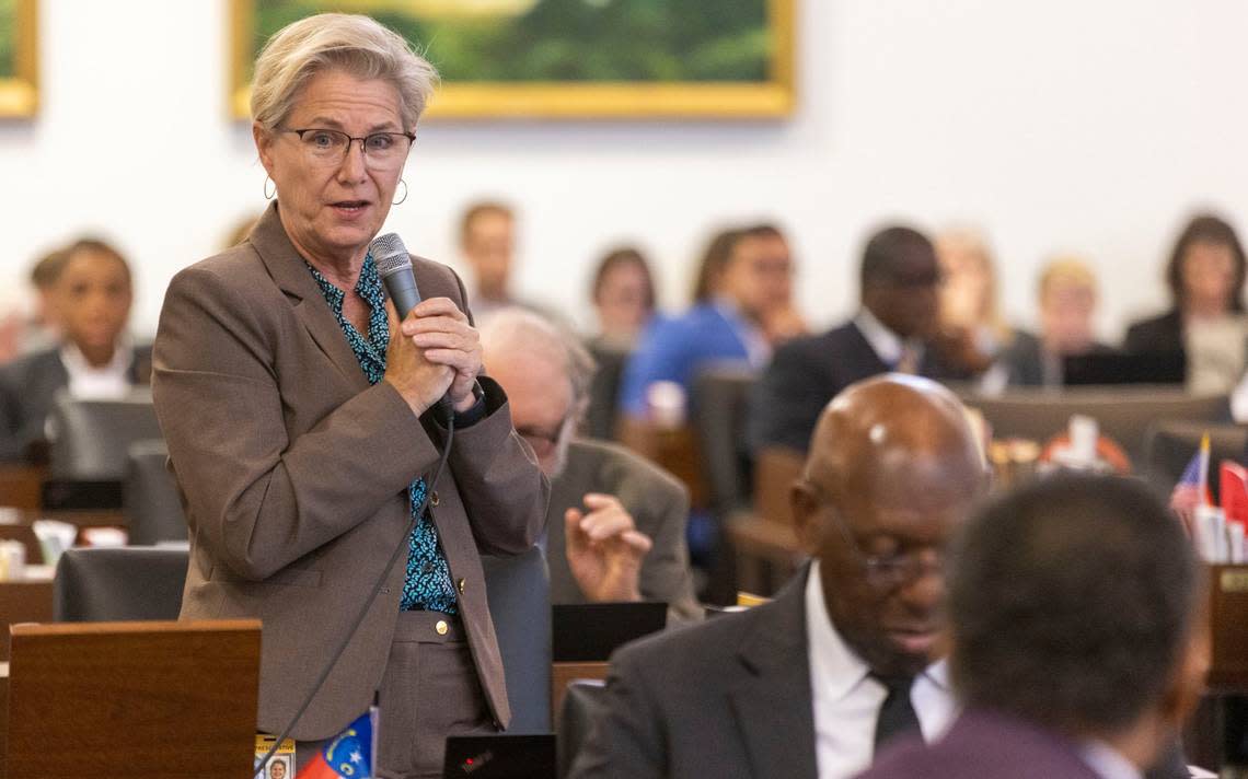 Rep. Deb Butler of New Hanover County speaks against HB 103, the proposed North Carolina State Budget during debate on the House floor on Thursday, June 30, 2022 in Raleigh, N.C.