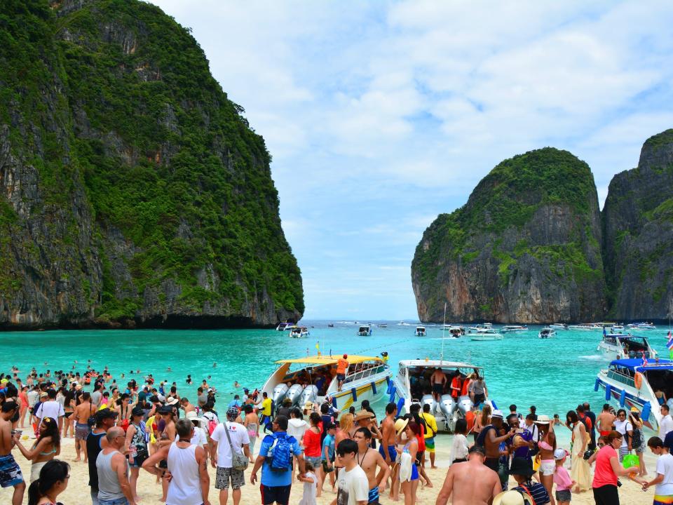 Maya Bay Thailand crowded tourists over tourism