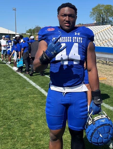 Tennessee State starting defensive end Eriq George, the son of coach Eddie George, is playing at a lean 265 pounds after playing last season at 280 pounds.