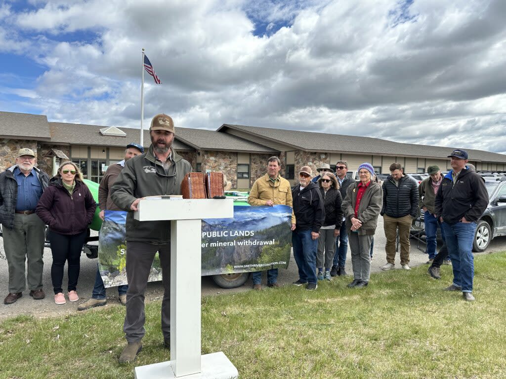 Montana Wildlife Federation Conservation Director Jeff Lukas speaks at an event asking the Forest Service to perform an administrative mineral withdrawal on public lands in the Smith River watershed. (Photo by Blair Miller, Daily Montanan)