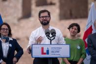 Chile's President Gabriel Boric delivers a speech in the northern city of Antofagasta, Chile