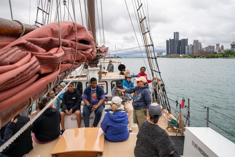 The Detroit River Skiff and Schooner program takes youths from around metro Detroit, and educates them on history, ecology, and the love of sailing. The group sets sail with the Inland Seas Education Association schooner crew with Accent Pontiac Youth on Aug. 7, 2023.