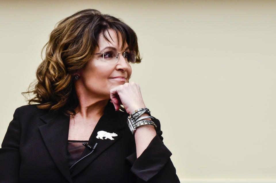 WASHINGTON, DC - APRIL 14: Former Governor Sarah Palin speaks during the "Climate Hustle" panel discussion at the Rayburn House Office Building on April 14, 2016 in Washington, DC. (Kris Connor/Getty Images)