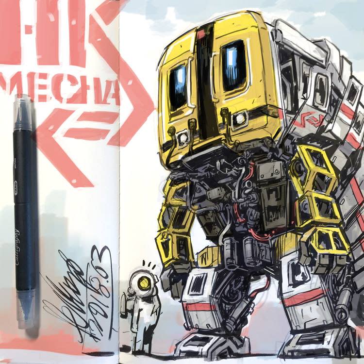 葉偉青在2018年參與「March of Robots」時的最後一幅作品，將九鐵列車化作機械人。（圖片來源：Felix Ip 葉偉青）
