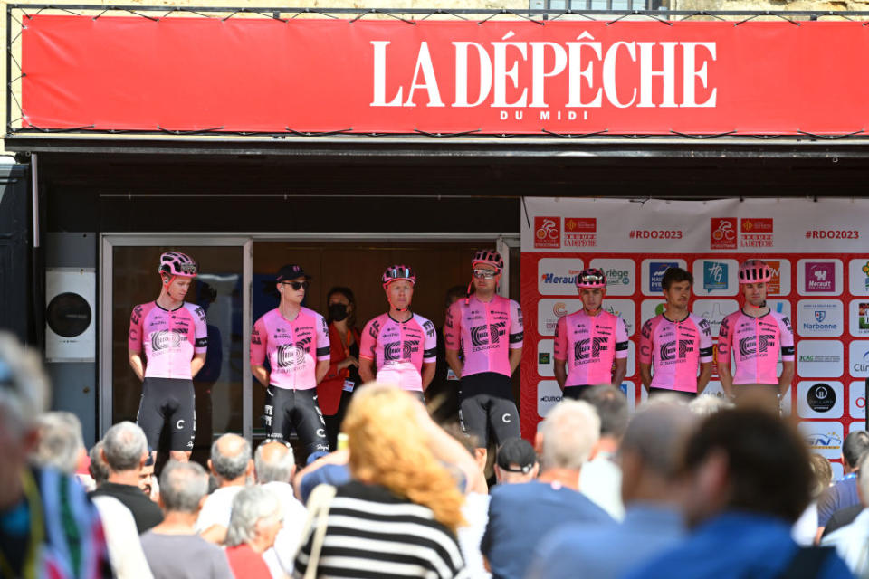 NARBONNE FRANCE  JUNE 15 Diego Andrs Camargo of Colombia Simon Carr of The United Kingdom Odd Christian Eiking of Norway Michael Valgren of Denmark Marijn van den Berg of The Netherlands ukasz Winiowski of Poland and Team EF EducationEasyPost prior to the 47th La Route DOccitanieLa Depeche Du Midi 2023 Stage 1 a 1843km stage from Narbonne  to Gruissan on June 15 2023 in Narbonne France Photo by Luc ClaessenGetty Images