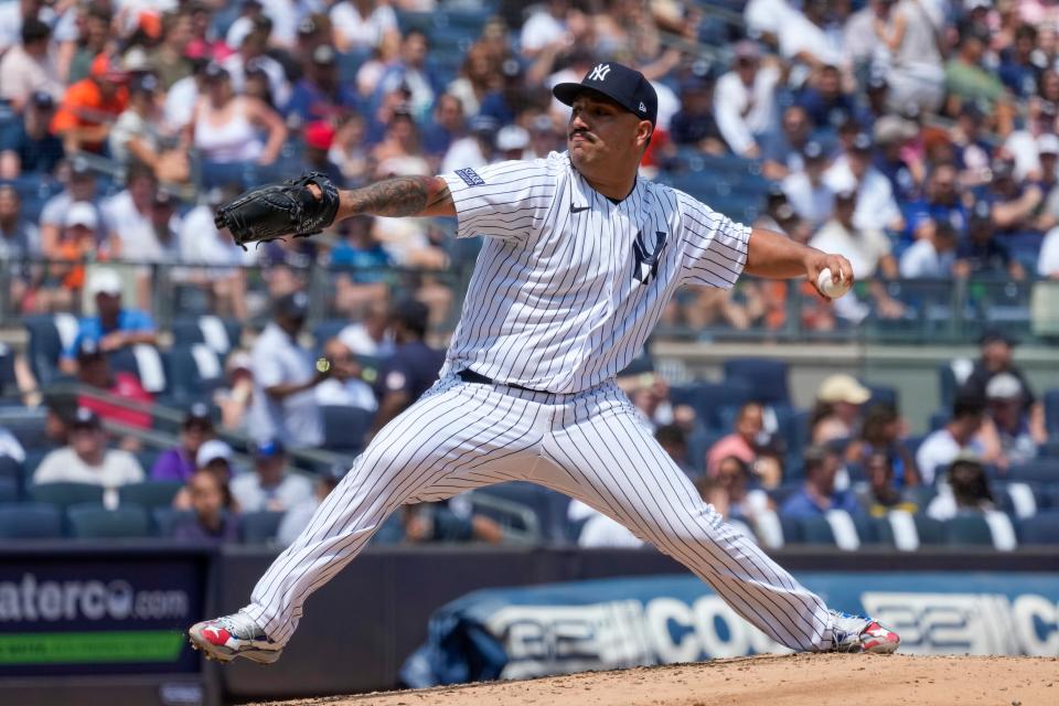 New York Yankees pitcher Nestor Cortes delivers in the third inning of a baseball game against the Houston Astros, Saturday, Aug. 5, 2023, in New York.